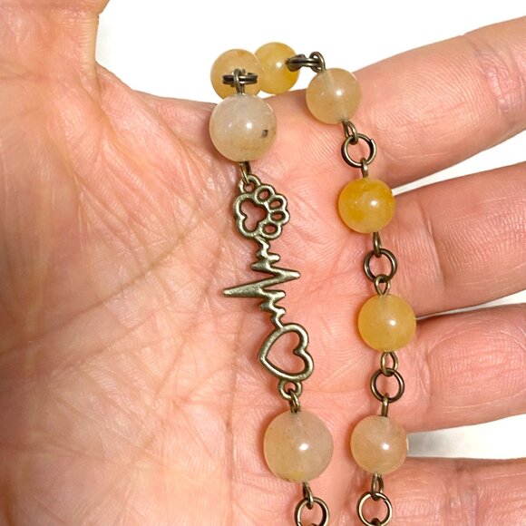 Genuine Yellow Aventurine Short Necklace, Bronze Paw Print Heart Beat + Gemstone - Picture 16 of 16